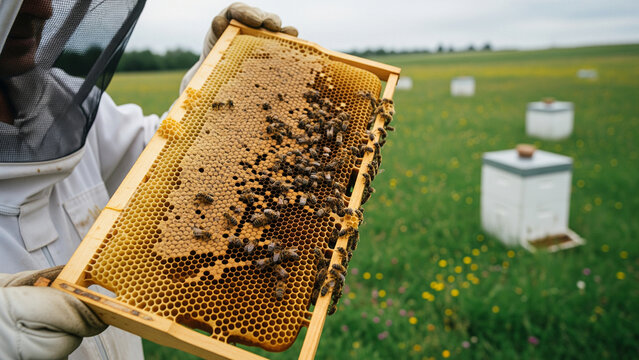 Beekeeper Inspecting Honeycomb Frame Apiary Bee Keeping
