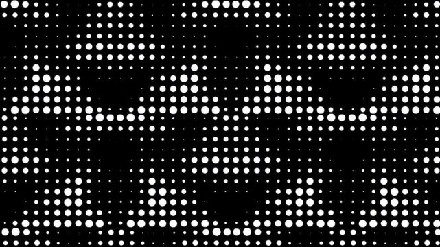 White halftone dots gradient animation with vintage grunge overlay. 2D abstract digital dot texture for motion graphics on black screen, technology visuals, modern interfaces and creative video 4K