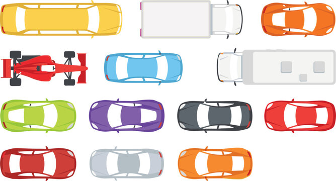 Cars and trucks top view vehicle set featuring yellow limousine formula racing car compact sedan delivery van graphics