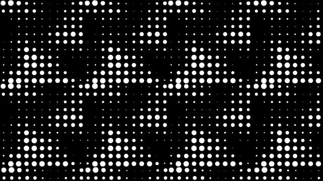 Abstract halftone dot texture with vintage grunge overlay and subtle noise grain, 2D Halftone pattern dots on black background, halftone animation, seamless black background video effect 4K loop video