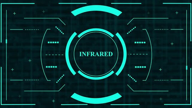 Sci-fi green HUD screen overlay vector with infrared text and digital technology targeting interface elements.A futuristic green HUD screen interface displaying 'INFRARED' in the center target circle 