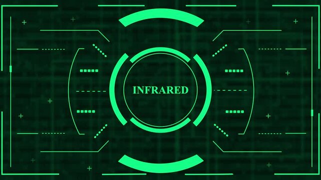 Sci-fi green HUD screen overlay vector with infrared text and digital technology targeting interface elements.A futuristic green HUD screen interface displaying 'INFRARED' in the center target circle 
