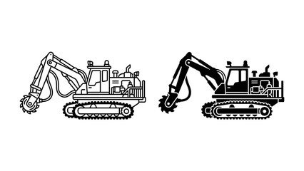 Excavator Outline and Silhouette: A set of two detailed illustrations of an excavator, one in outline form and the other as a solid silhouette. © Nazmul