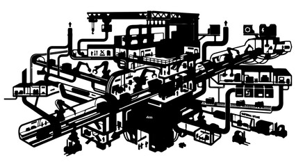 Obraz premium Intricate Black and White Isometric Illustration of a High-Tech Robotic Manufacturing Plant showing Assembly Lines and Automation Processes