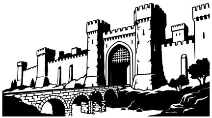 Medieval Fortress with Stone Arch Bridge and High Towers Black and White Stencil Illustration © MDALAMGIR