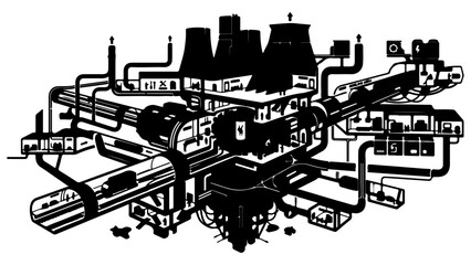 Obraz premium Detailed Black and White Cross-Section Illustration of a Futuristic Nuclear Power Plant Facility and Reactor Core