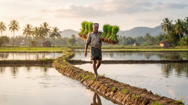Farmer carrying seedlings, Paddy bundles on field bund, Rice transplanting workday, Rural Indian farming lifestyle