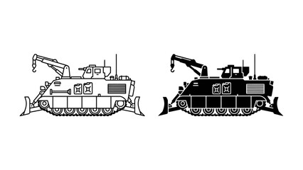 Armored Recovery Vehicle Silhouette: A detailed illustration of an armored recovery vehicle, also known as a tank recovery vehicle, shown in both line art and silhouette form. © Nazmul