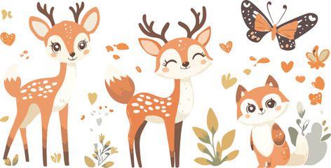 Fototapeta premium Seamless Pattern with Cute Deer and Fox Wildlife Illustrations, Cartoon Forest Animals with Antlers, Reindeer and Stag Silhouettes for Winter Nature Background Design