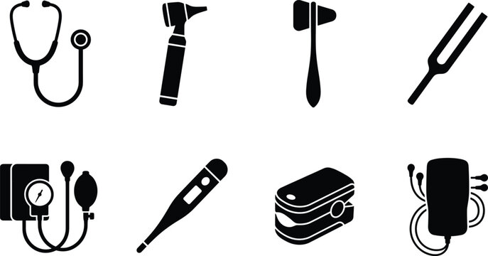 Medical diagnostic instruments and healthcare tools silhouettes set featuring stethoscope thermometer pulse oximeter and tonometer