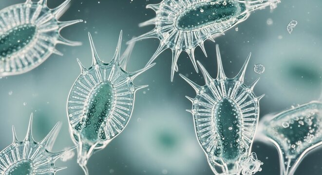 Microscopic diatoms floating in a greenish blue fluid
