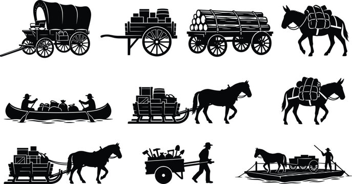 Historic Transportation Silhouette Icon Set with Covered Wagon Pack Mule Sled Canoe and Freight Cart