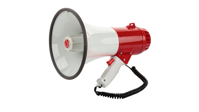 Red professional handheld megaphone loudspeaker announcement device isolated on a transparent background