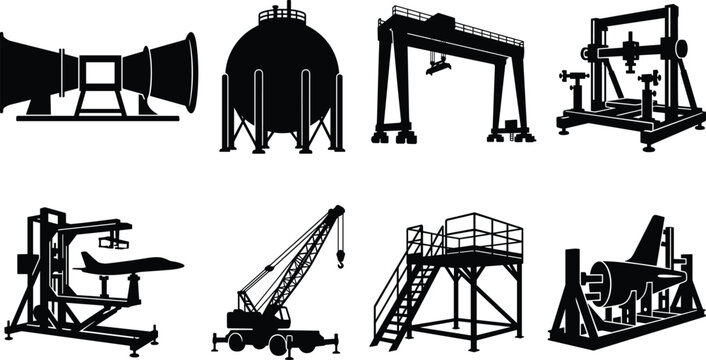 Industrial Equipment Silhouette Collection with Gantry Crane Storage Tank Aerospace Testing and Machinery Icons