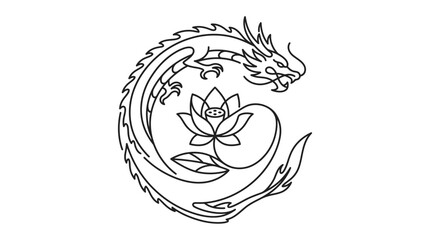 Obraz premium Traditional Dragon and Lotus Flower Line Art Tattoo Design