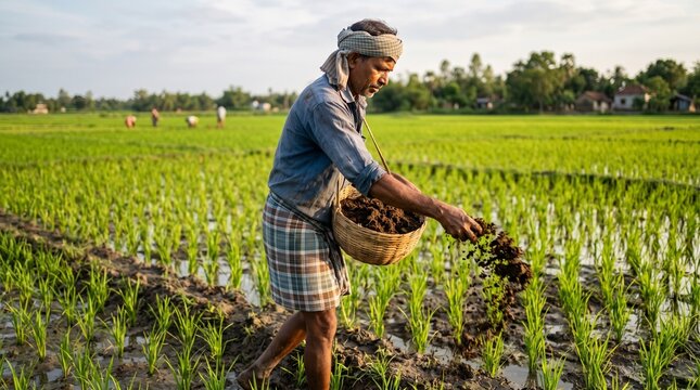 Farmer applying organic manure, Paddy crop nutrition by hand, Sustainable rice field care, Traditional Indian farming
