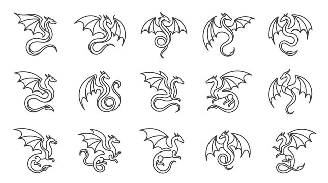 Fantasy Dragon Line Art Collection: Mythical Creatures Set