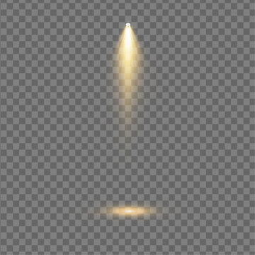 Spotlight on stage or gods rays isolated on black background PNG. Warm golden spotlight rays with glitter dust overlay, vertical glowing spotlight beam with soft rays, lighting effects. 