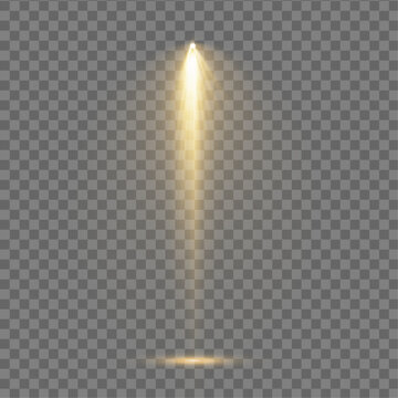 Spotlight on stage or gods rays isolated on black background PNG. Warm golden spotlight rays with glitter dust overlay, vertical glowing spotlight beam with soft rays, lighting effects. 