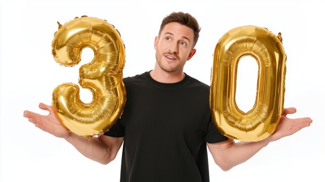 Fictional attractive 30-year-old man wearing a black T-shirt, posing with gold "30" balloons, sarcastic smirk and exaggerated ironic pose