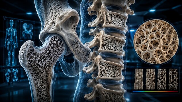 Osteoporosis with Reduced Bone Mineral Density, Trabecular Bone Loss and Increased Fracture Risk, Medical Illustration