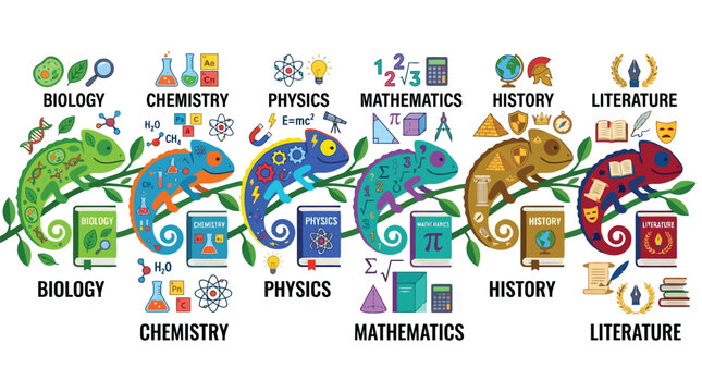Chameleons representing different school subjects with relevant symbols vector illustration