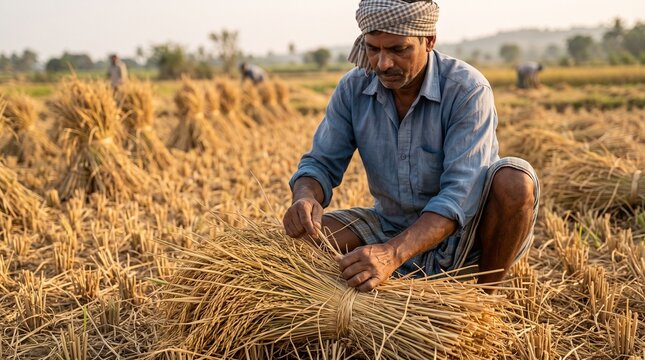 Paddy sheaf bundling, Farmer tying rice stalks, Organized harvest preparation, Golden straw texture close up,