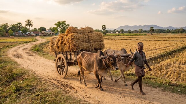 Bullock cart carrying paddy, Straw bundles on rural road, Traditional harvest transport, Indian rice farming lifestyle