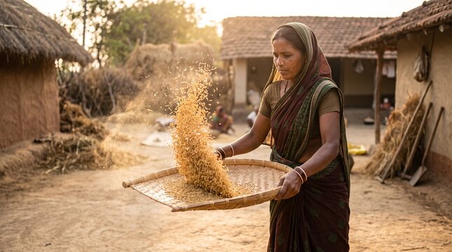Winnowing paddy grain, Woman farmer with woven tray, Traditional rice cleaning process, Golden village yard scene