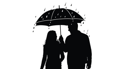 Couple sheltering under an umbrella with falling rain black silhouette pair duo romance affection parasol rain precipitation droplets weather climate © Laily begum