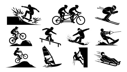 Skiers and Cyclists Pictogram Set with Skateboards and Road Racers, Black Vector Silhouettes on White Background © MDTAREK