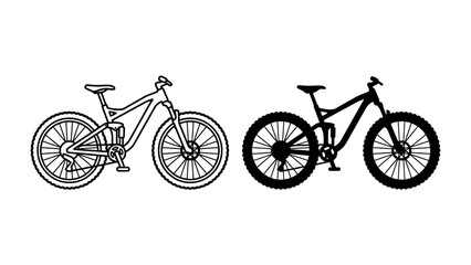 Fototapeta premium Mountain Bike Icons: Two distinct graphic representations of a mountain bike, one detailed line art and the other a bold silhouette, showcase the design and form of this off-road cycling machine.