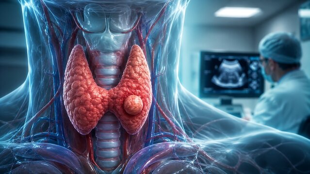 Thyroid Gland Disease with Thyroid Nodule, Endocrine Dysfunction and Abnormal Thyroid Anatomy, Medical Illustration