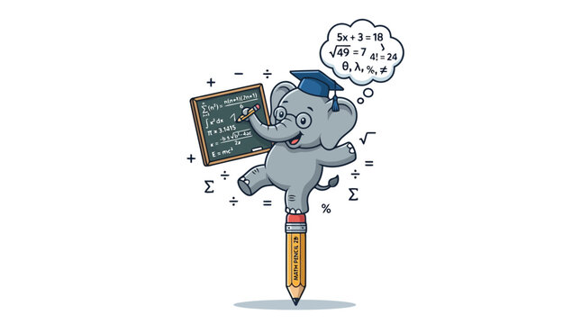Cute elephant wearing graduation cap and glasses solving math equations on blackboard vector