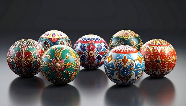A collection of seven intricately designed, colorful balls with floral patterns