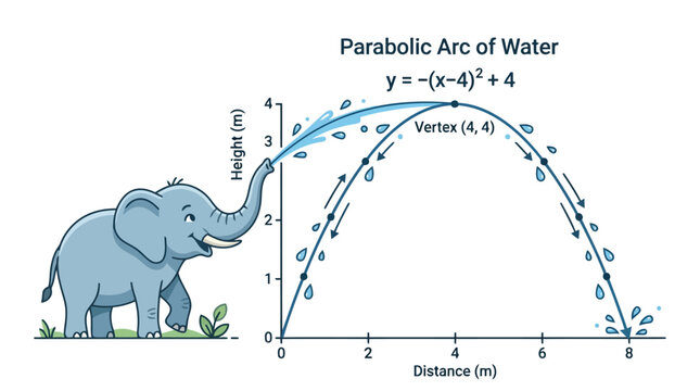 Parabolic arc of water fountain showing mathematical trajectory with graph vector diagram