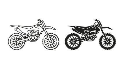 Motocross Bike Illustration: A set of motocross bike illustrations, one in outline and the other in solid black, showcasing the dynamic design of a dirt bike ready for off-road racing. © hammad