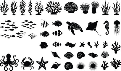 Marine Life Sea Animals Coral Reef Black Silhouette Vector Icon Collection for Ocean Wildlife DesignMarine Life Sea Animals Coral Reef Black Silhouette Vector Icon Collection for Ocean Wildlife Design © SIFAT