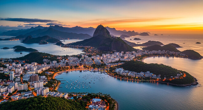 Panoramic sunset view of Rio de Janeiro skyline with Sugarloaf Mountain and Botafogo Bay harbor in Brazil.
