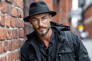Fototapeta premium Stylish Man in Hat and Glasses Leaning Against Brick Wall