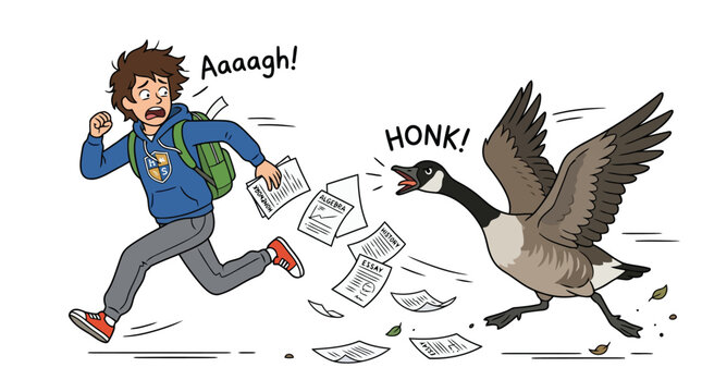 School boy running away in panic from an aggressive goose honking at him