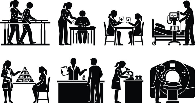 Medical rehabilitation diagnostics and specialist therapy icon set featuring clinical procedures and patient health care