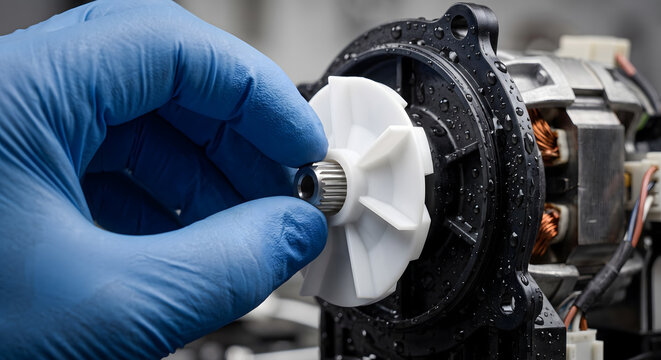 Hand in blue glove holding a white pump impeller next to an disassembled electric motor.