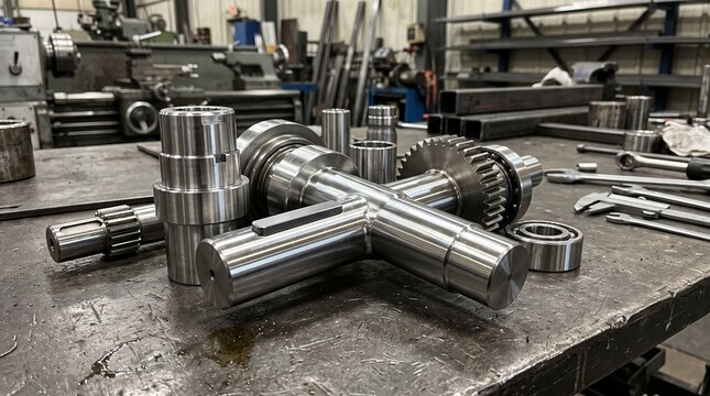 Precision Machined Steel Shaft and Gear Components on Industrial Workbench