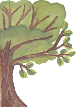 Tree with Green Foliage and Brown Trunk Gouache Illustration