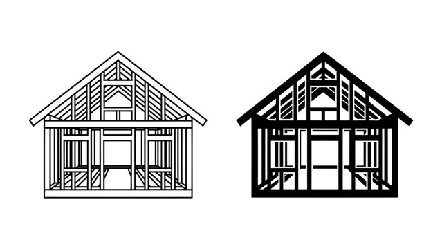 House Framing Comparison: A visual representation comparing the skeletal structure of a house frame, showcasing both outline and solid black wood framing designs for a building's construction.