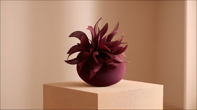 Dark purple felt fascinator hat with petal details on a beige pedestal