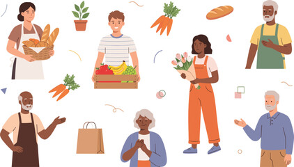 Fototapeta premium Farmers Market Character Set with Diverse Vendors and Elderly Customers Selling Fresh Vegetables Fruits Bread and Flowers Isolated on White Background