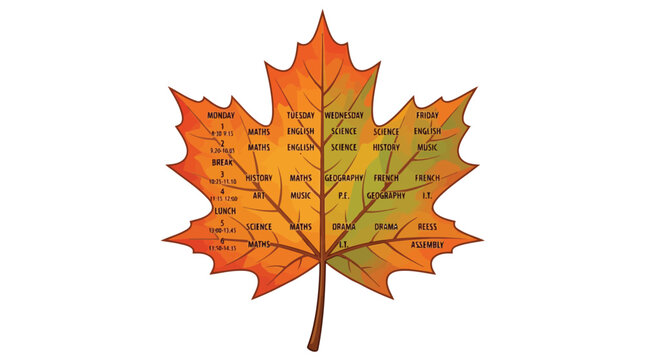 Autumn maple leaf shaped school timetable with weekly class schedule printed on it