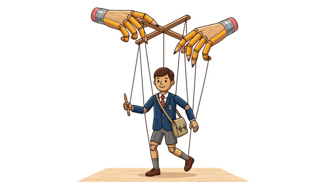 Wooden marionette school boy controlled by two giant pencil puppet master hands